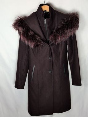 Novelti Burgundy Wool Blend Faux Fur Trim Hooded Winter Coat Jacket Size 6